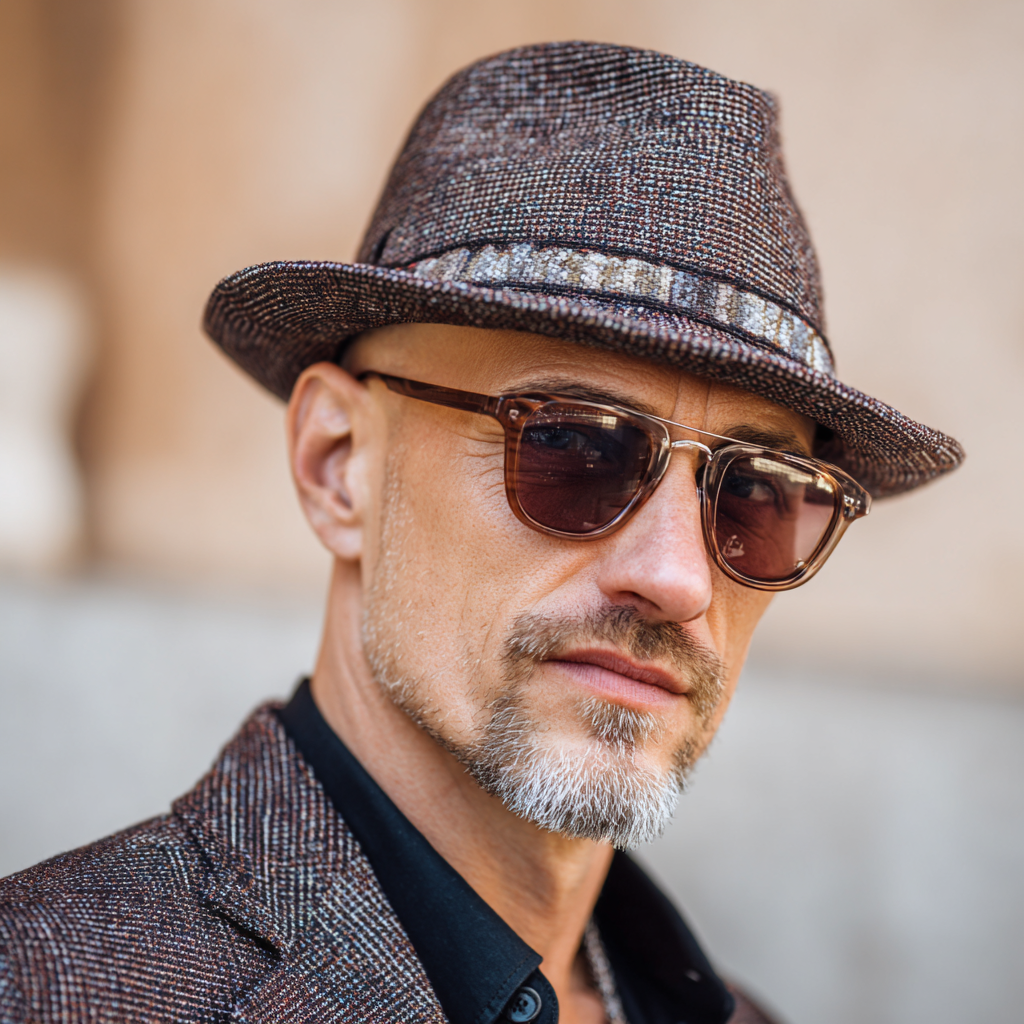 Mann mit Glatze, Sonnenbrille und Hut