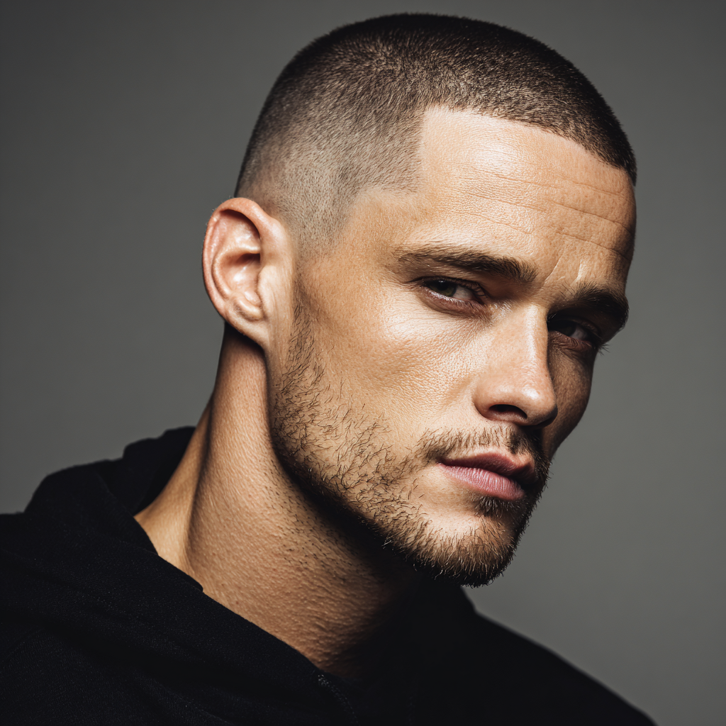 Portrait von einem Mann mit einem Buzz Cut und einem 3-Tage-Bart