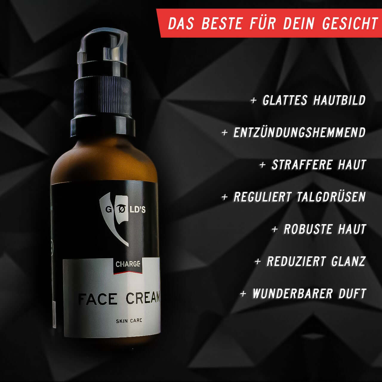 braune Glasflasche Creme GØLD's Charge Face Cream Skin Care schwarzer Hintergrund roter balken 